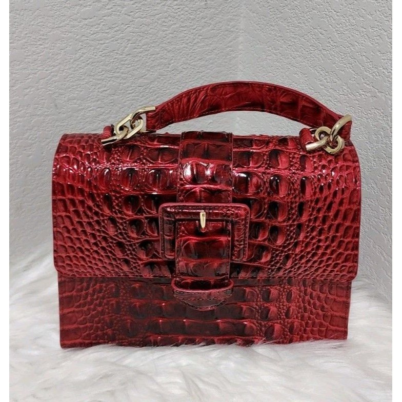 Nwt Brahmin Small Hallie Merlot Ombre Croc Embossed Leather Top Handle Bag